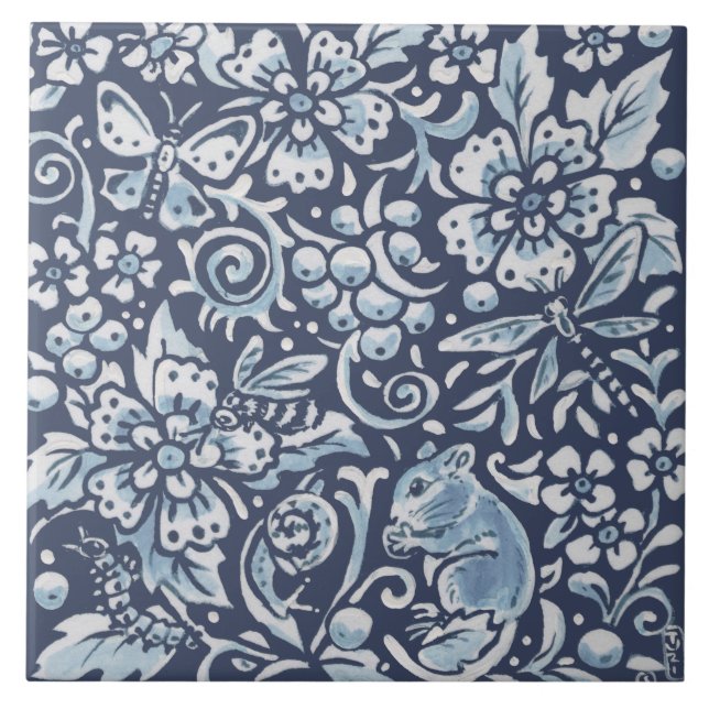 Klassisk Blue White Ornate Animal Forest Blommigt  Kakelplatta (Framsidan)
