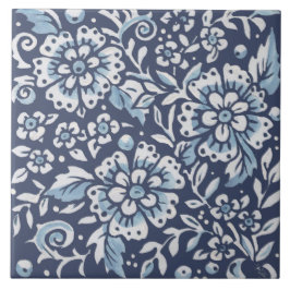 Klassisk Blue White Ornate Flowers Blommigt Art Kakelplatta