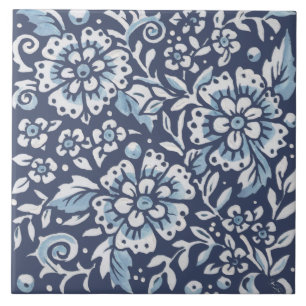 Klassisk Blue White Ornate Flowers Blommigt Art Kakelplatta