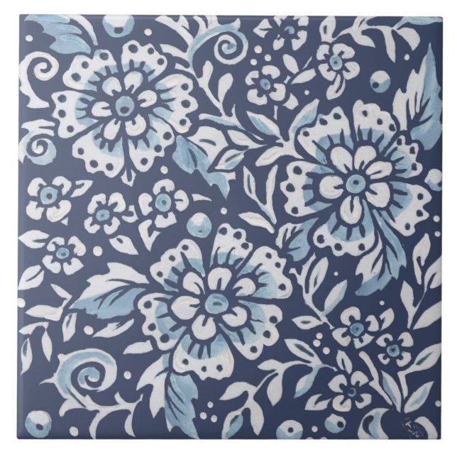 Klassisk Blue White Ornate Flowers Blommigt Art Kakelplatta (Framsidan)
