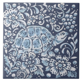 Klassisk Blue White Ornate Turtle Forest Blommigt Kakelplatta