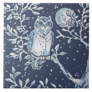 Klassisk Blue White Ornate Uggla, Forest Night Art Kakelplatta