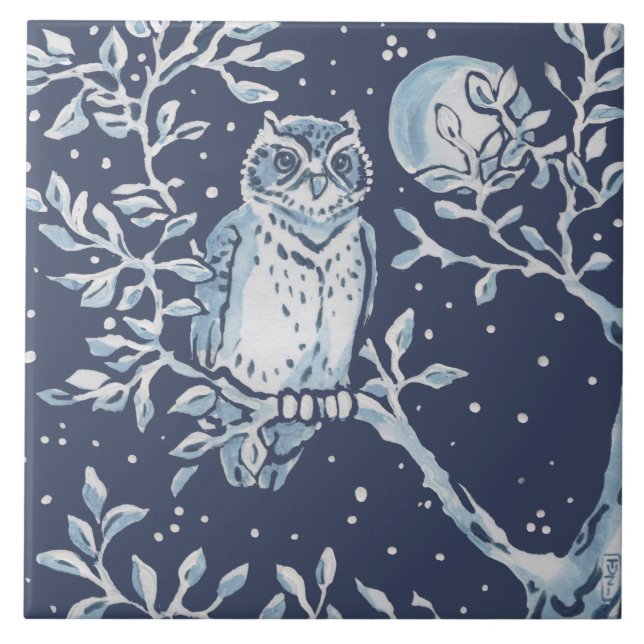 Klassisk Blue White Ornate Uggla, Forest Night Art Kakelplatta (Framsidan)