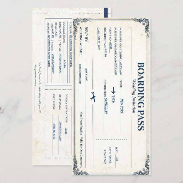 Klassisk Boarding Pass Bröllopsinbjudan Anpassning Spara Datumet (Fram/baksida)