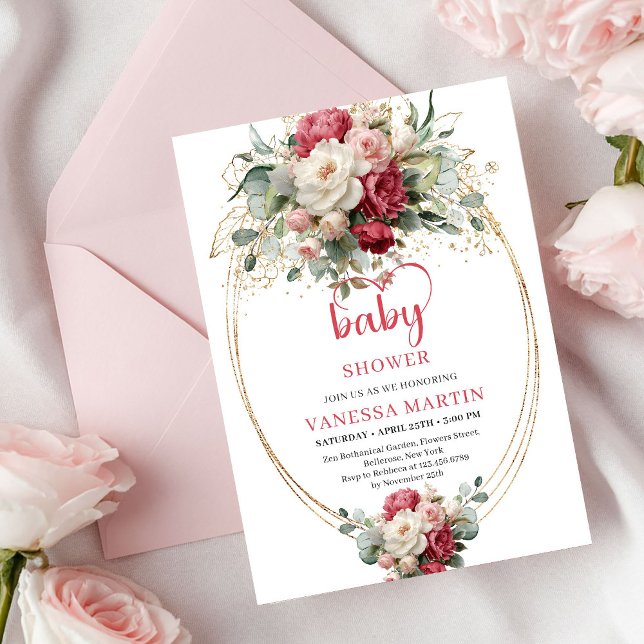 Klassisk bohemisk karmosinröd vit guldblomma   inbjudningar (Classic Bohemian Crimson Red White Gold Floral Invite)