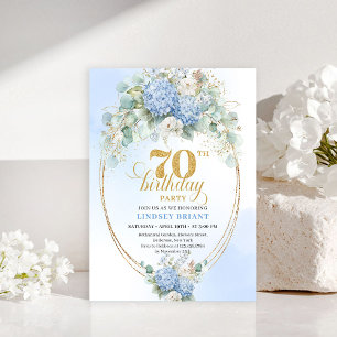 Klassisk Boho 70-års födelsedagsblå Blommig Eukaly Inbjudningar