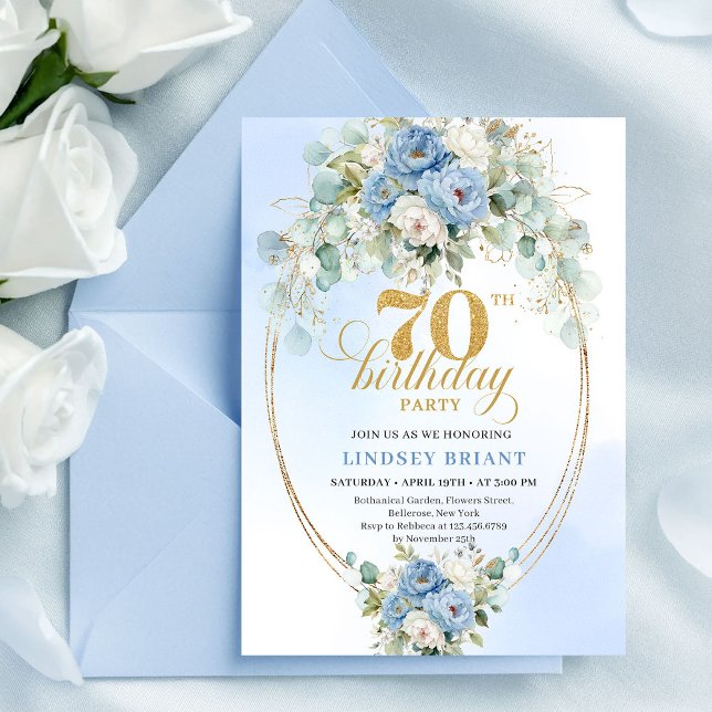 Klassisk Boho Blå Blommig Eukalyptus 70-årsdag  Inbjudningar (Classic Boho Blue Floral Eucalyptus 70th Birthday Invite

)
