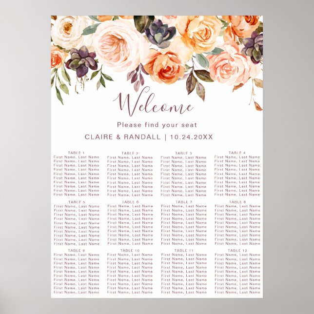Klassisk Boho Blommig Bröllopsställningskarta Poster (Framsidan)