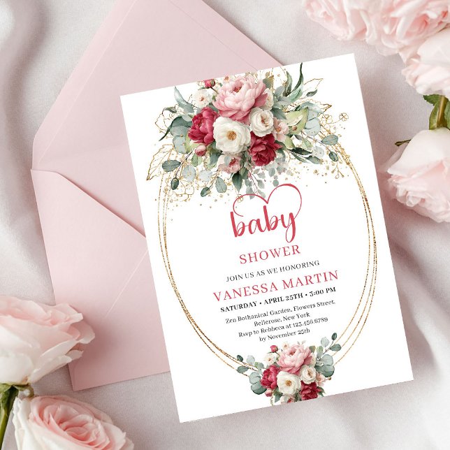 Klassisk Boho Burgunder Rosa Guld Blommig Babyfira Inbjudningar (Classic Boho Burgundy Blush Gold Floral Baby Shower)