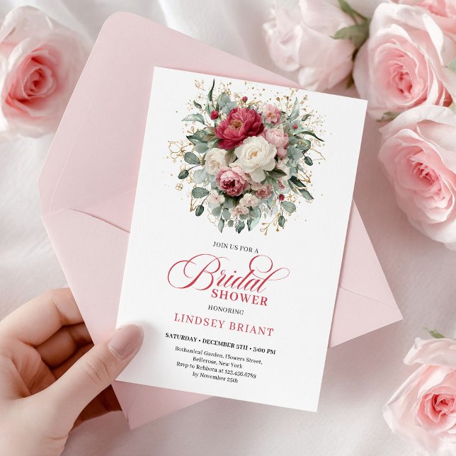 Klassisk Boho Burgunder Rosa Guld Bröllopsdusch Inbjudningar (Sophisticated Bohemian Red White Floral Greenery)