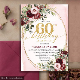 Klassisk Boho Burgunder Rosa Rosor 60-årsdag Inbjudningar