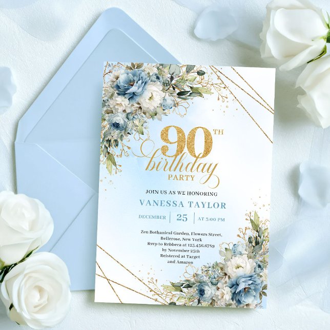Klassisk Boho Dammtorblue Vit Blommig 90-årsdag Inbjudningar (Classic Dusty Blue White Floral 90th Birthday Invite

)