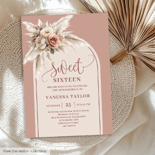 Klassisk Boho Dammtrosa Pampas Blommig Båge Sexton Inbjudningar