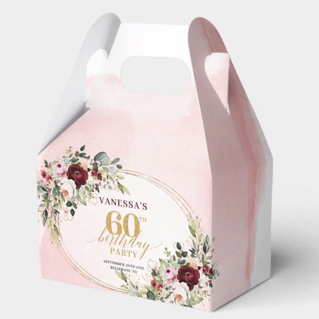 Klassisk Boho Maroon Roser 60-års Födelsedagsprese Presentaskar (Classic Boho Maroon Roses 60th Birthday Favor Box

)