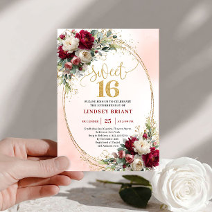 Klassisk Boho Merlot Guld Blommig Sweet Sixteen Inbjudningar