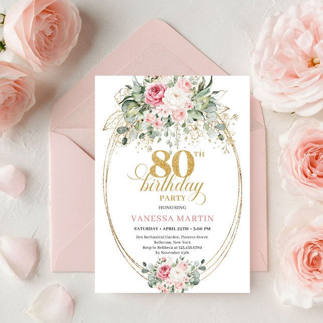 Klassisk Boho Minimalist Rosa Blommig 80-årsdag Inbjudningar (Classic Minimalist Blush Floral 80th Birthday Invite

)