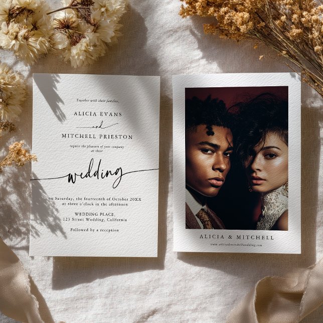 Klassisk Boho minimalistisk bröllopsfotografi med  Inbjudningar (Classic Boho Minimalist Script Wedding Photo Invitation)