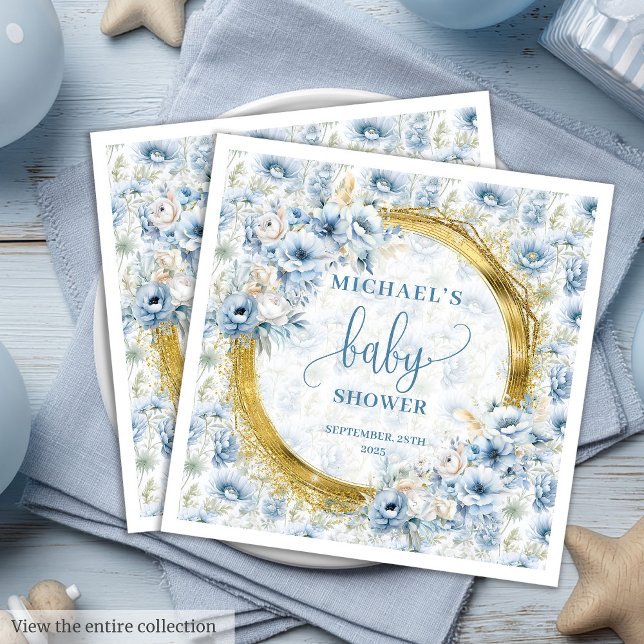 Klassisk boho pastel blåa blommor guld babydusch pappersservett (Classic boho pastel blue flowers gold baby shower Paper Dinner Napkins)