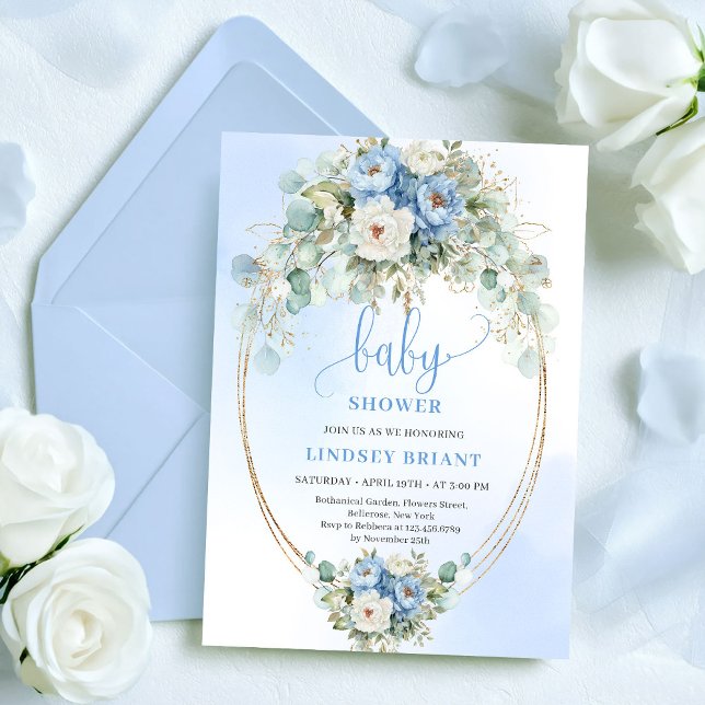 Klassisk Boho Pastell Blå Blommor Baby Shower Guld Inbjudningar (Classic Pastel Blue Flowers Baby Shower Gold Invitation)
