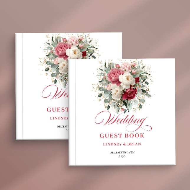 Klassisk Boho Röd Rosenskugga Blommig Bröllopsgäst Gästböcker (Classic Boho Red Blush Floral Wedding Guest Book)