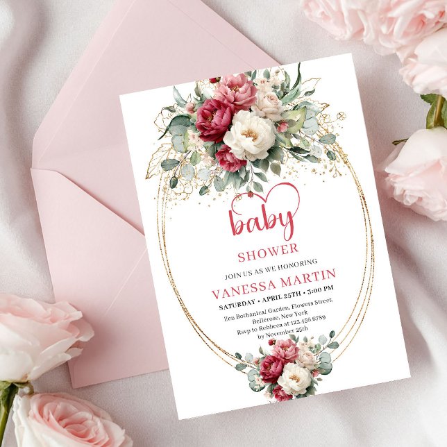 Klassisk Boho Röd Vit Blommig Guld Bebis Shower Inbjudningar (Classic Boho Red White Floral Gold Baby Shower)