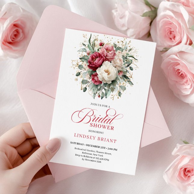 Klassisk Boho Röd Vit Blommig Guld Bröllopsfest Inbjudningar (Classic Boho Red White Floral Gold Bridal Shower)