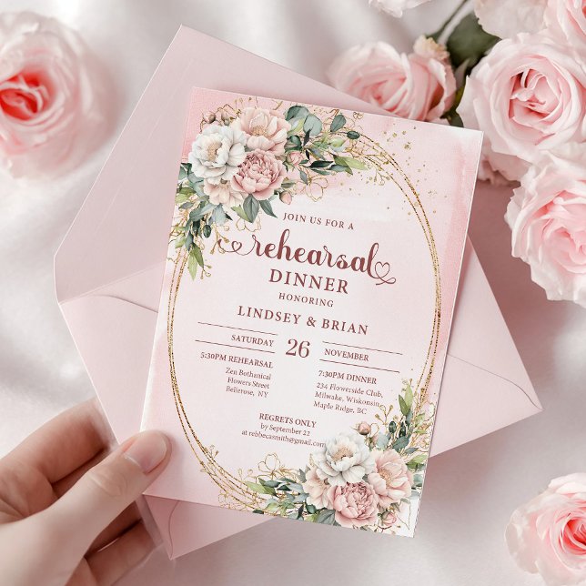 Klassisk Boho Rose Guld Eukalyptus Förlovningsmidd Inbjudningar (Classic Boho Rose Gold Eucalyptus Rehearsal Dinner)