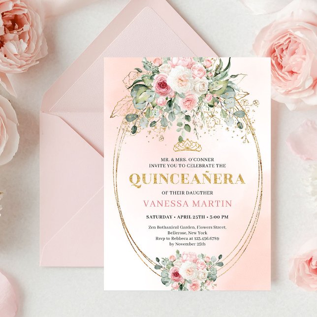 Klassisk Boho Rosé Rosa Blommig Rustik Quinceañera Inbjudningar (Classic Blush Pink Floral Rustic Quinceañera Invite)