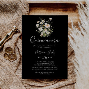 Klassisk Boho Rosenskära Vildblomma Svart Quinceañ Inbjudningar