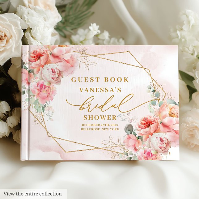 Klassisk Boho Rosor Bröllopsdusch i Rosa och Guld  Gästböcker (Classic Blush Gold Frame Roses Bridal Shower Guest Book)