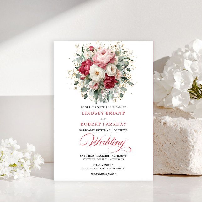 Klassisk Boho Ruby Röd Rosenguld Blommig Inbjudan (Classic Boho Ruby Red Blush Gold Floral Invitation)