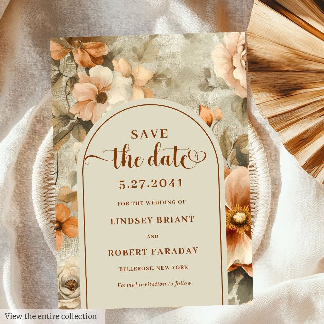Klassisk Boho Terra Cotta Oliv Blommig Spara Datum Inbjudningar (Classic Boho Terra Cotta Olive Floral Save The Date)