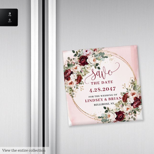 Klassisk Boho Vinröd Rosa Guld Blommig Rädda Datum Magnet (Classic Boho Maroon Blush Gold Floral Save the Date Magnet

)