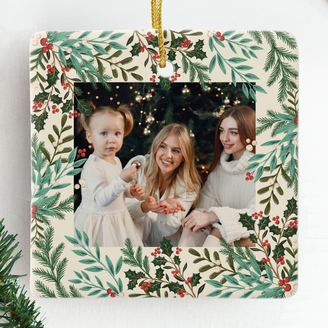 Klassisk botanisk Blommigt Jul två foto Julgransprydnad Keramik (Skapare uppladdad)