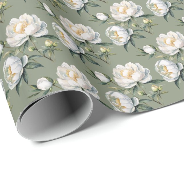 Klassisk botanisk pion Sälja Grön Sömlös Upprepnin Presentpapper (Rullad Hörn)