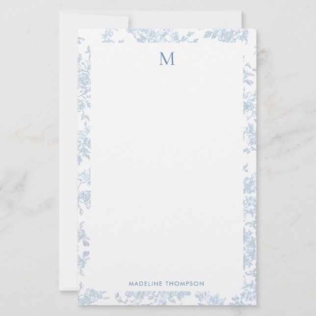 Klassisk botanisk toalettmonogram franskblå brevpapper (Framsida)