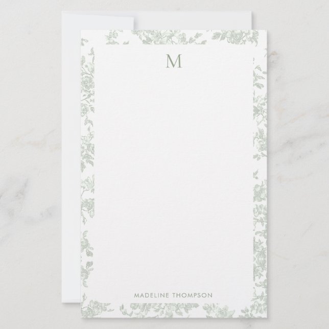 Klassisk botanisk toalettmonogram Salvia grön Brevpapper (Framsida)