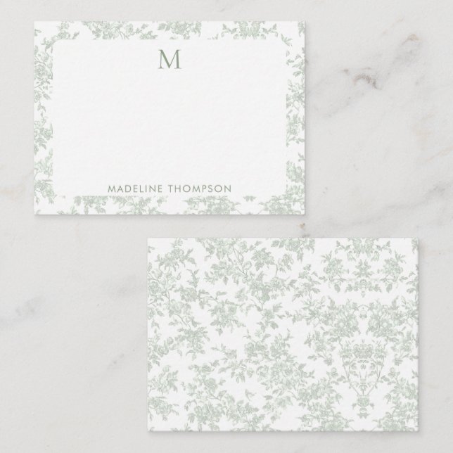 Klassisk Botanisk Toile Monogram Sälggrön Anteckningskort (Fram/baksida)