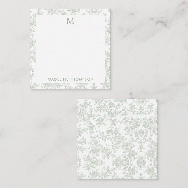 Klassisk Botanisk Toile Monogram Salvia Grön Fyrka Anteckningskort (Fram/baksida)