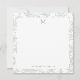 Klassisk Botanisk Toile Monogram Salvia Grön Fyrka Anteckningskort