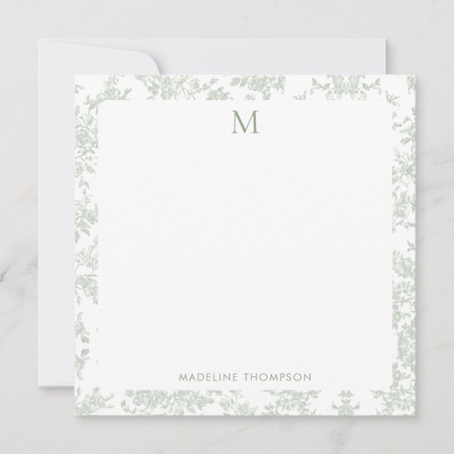 Klassisk Botanisk Toile Monogram Salvia Grön Fyrka Anteckningskort (Framsida)