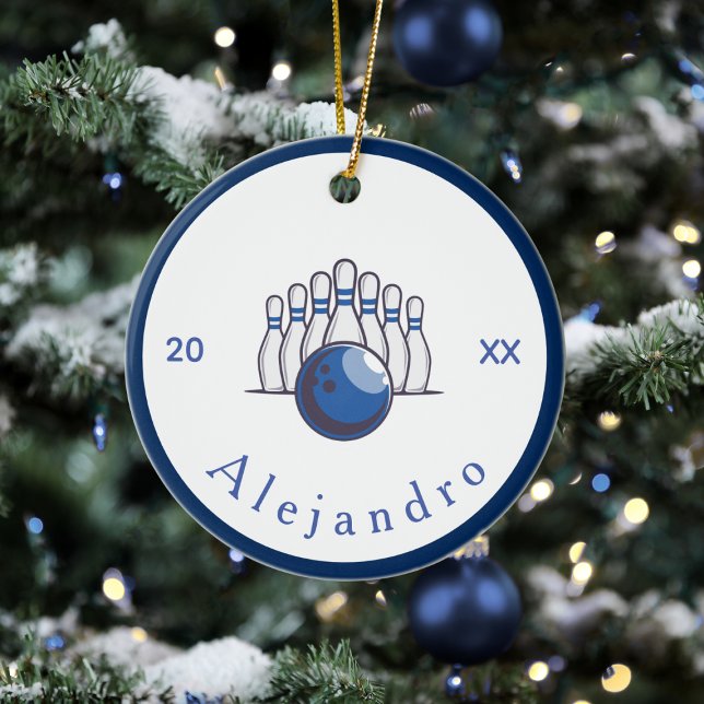Klassisk Bowling Design Stift & Boll Namn & Year Julgransprydnad Keramik (Skapare uppladdad)
