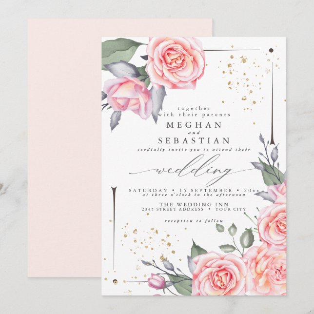 Klassisk Bröllop Elegant Watercolor Rosa ros Inbjudningar (Fram/baksida)