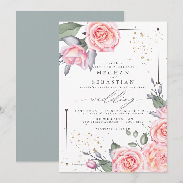 Klassisk Bröllop Elegant Watercolor Rosa ros Inbjudningar (Fram/baksida)