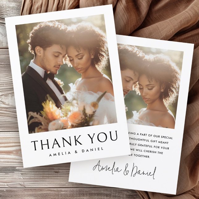 Klassisk bröllop-fotovit elegant tack kort (Classic wedding photo white elegant thank you card)