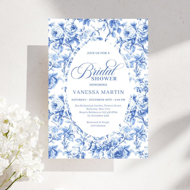 Klassisk bröllopsinbjudan med Navy Blue Toile Rose Inbjudningar (Classic Navy Blue Toile Rose Bridal Shower Invitation)