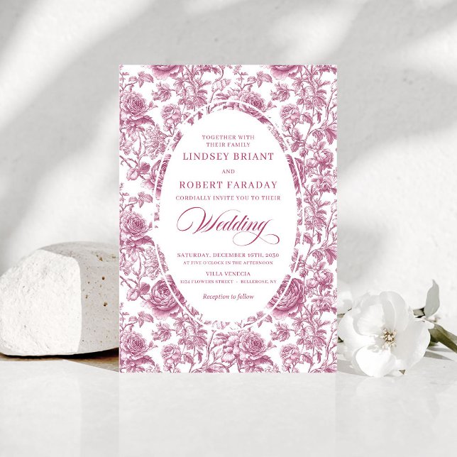 Klassisk bröllopsinbjudan med ros toile blommor i  inbjudningar (Classic Blush Rose Toile Floral Wedding Invitation)