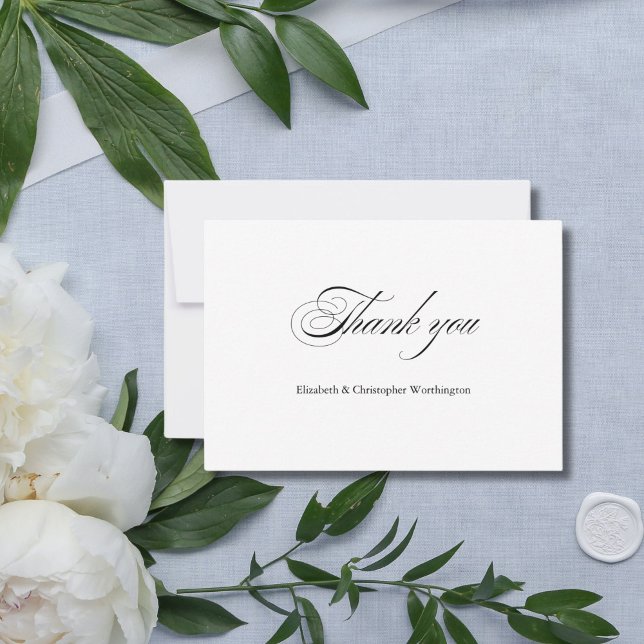 Klassisk bröllopskalligrafi Minimal Elegant Tack Kort (Black White Minimalist Calligraphy Wedding thank you card. Personalize with your names)