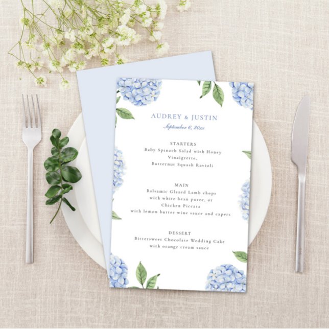 Klassisk bröllopsmeny på papper med blå Hydrangea- Flygblad (Skapare uppladdad)