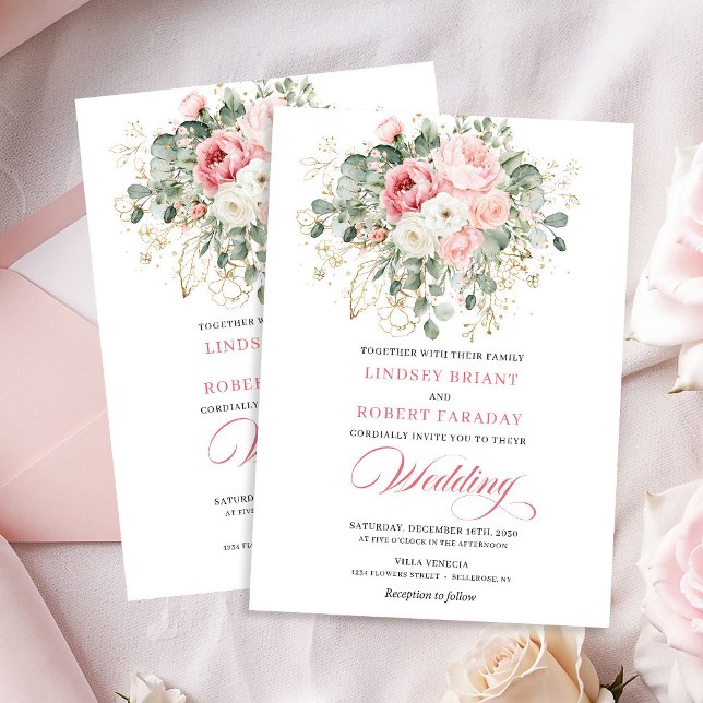 Klassisk brudnäbb peonier grönska guld bröllopsinb inbjudningar (Classic Blush Peonies Greenery Gold Wedding Invite)